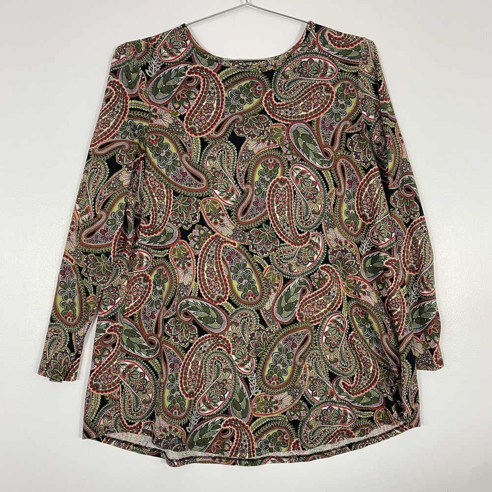 J Jill Shirt Womens Large Multicolor Paisley Tunic Top Long Sleeve Stretch Boho